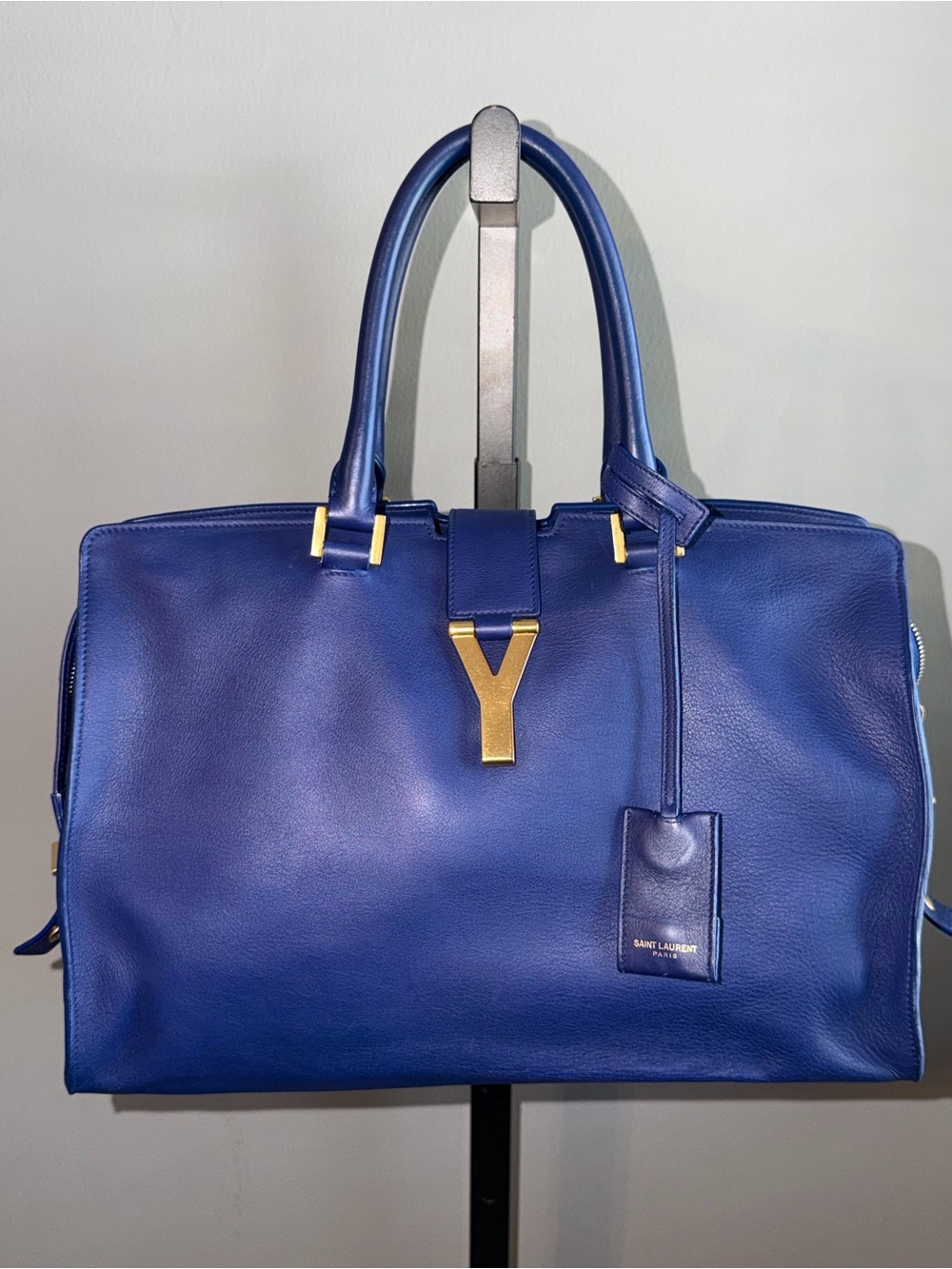 Saint Laurent Royal Blue Leather Top-Handle Tote with Gold Y Hardware